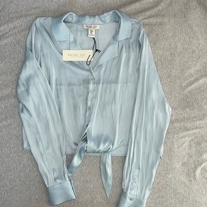 Baby blue silk front tie blouse